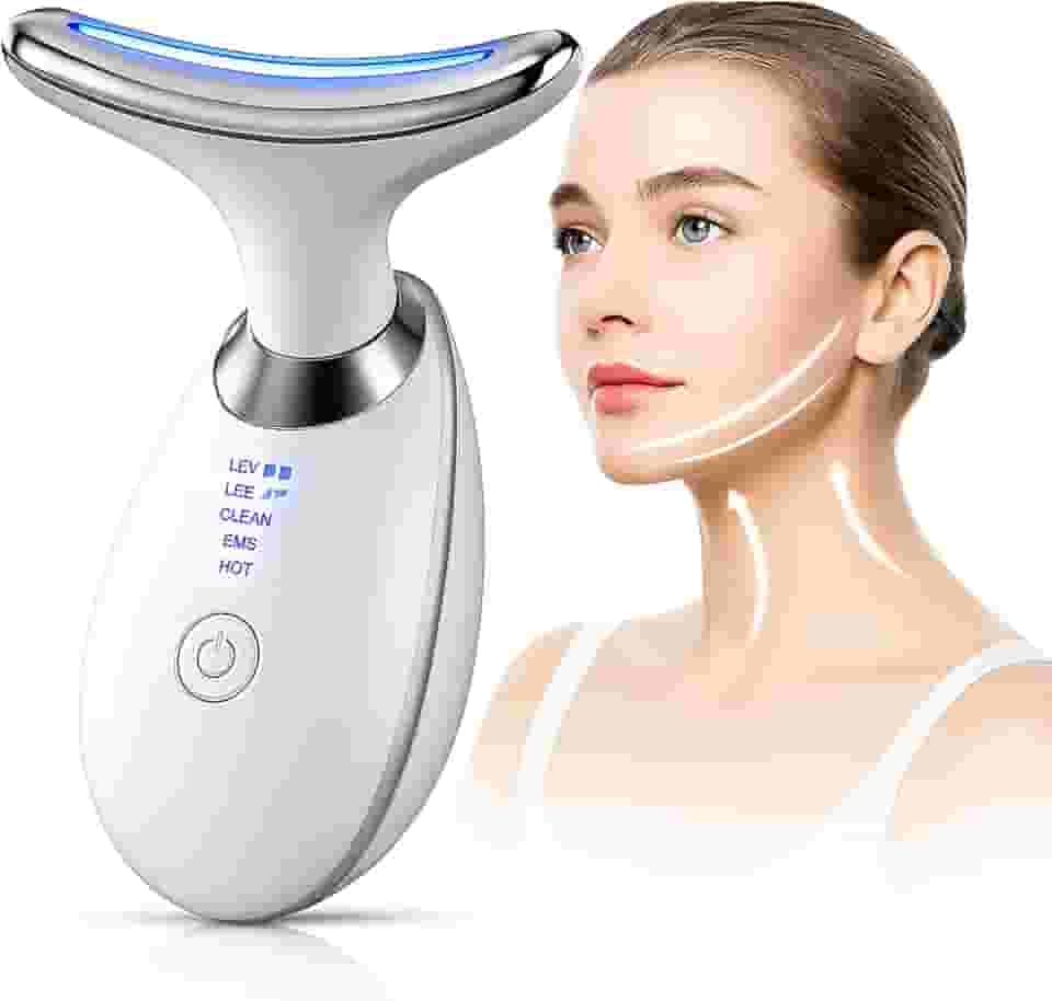 Massageador Facial e Pescoço LED 3 Cores com EMS e Vibração – Lifting, Redução de Rugas, Queixo Duplo e Linhas de Expressão – Portátil, Recarregável, Estimulador de Colágeno