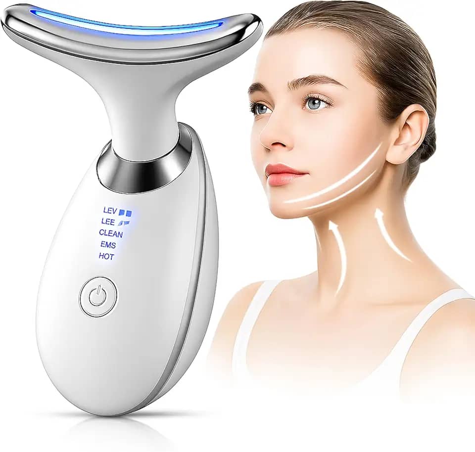 Massageador Facial e Pescoço LED 3 Cores com EMS e Vibração – Lifting, Redução de Rugas, Queixo Duplo e Linhas de Expressão – Portátil, Recarregável, Estimulador de Colágeno