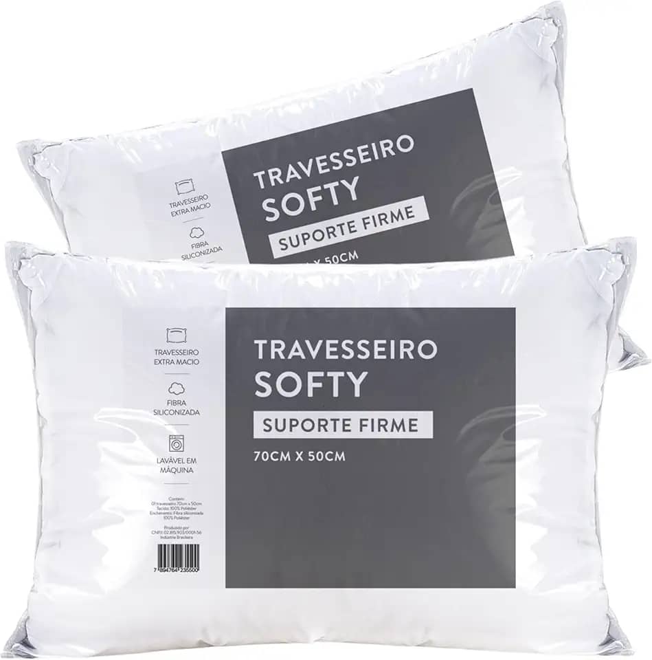 Kit 02 Travesseiros 70cm x 50cm Softy Suporte Firme Alto Extra Macio Antialérgico Fibra Importada