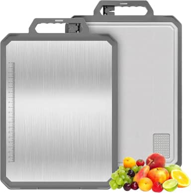 Tabua de Corte Inox, Tabua de Carne Dupla Face para Cozinha, Aço Inoxidável/Palha de Trigo pp, Grande Tábua de Corte Picar 43.7*30cm Tabua de Cozinha Antibacteriana Lavável na Máquina de Lavar Louça