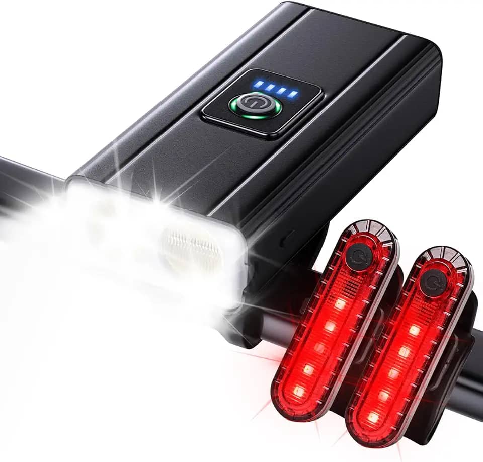 OCOMCAP Farol De Bicicleta Para Pedalar À Noite, 9000 Lúmens, Prova D'Água, Recarregável Via Usb, Função Carregador Portátil, Lanterna Traseira Dupla (Preta)