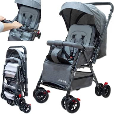 Carrinho de Bebê Reversível Passeio Runner até 15kg com Capota Retratil Reclinável Bandeja Cesto 4 Rodas Travas Cinto 5 Pontos e INMETRO (Cinza)