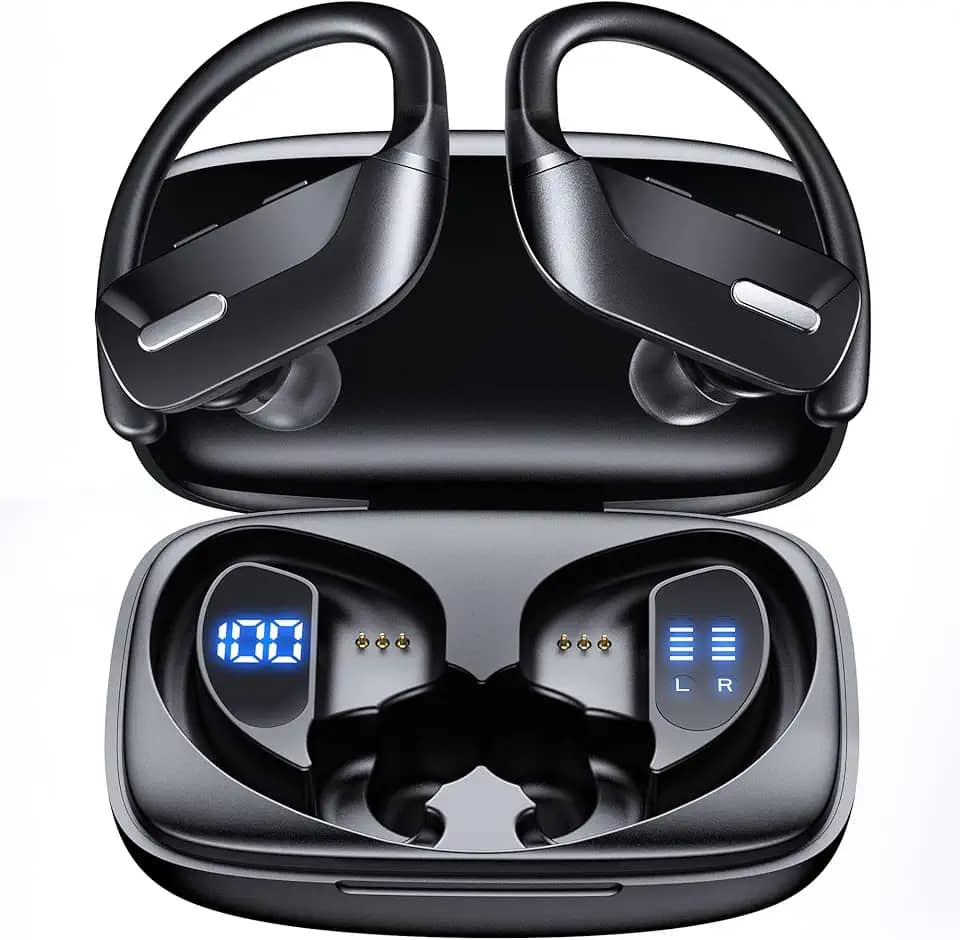Hrich Fone de Ouvido Bluetooth, Fones de Ouvido Sem Fio Bluetooth 100H Play, Fones de Ouvido Traseiros à Prova d'água, com Microfone, Display LED, para Exercícios de Corrida Esportiva