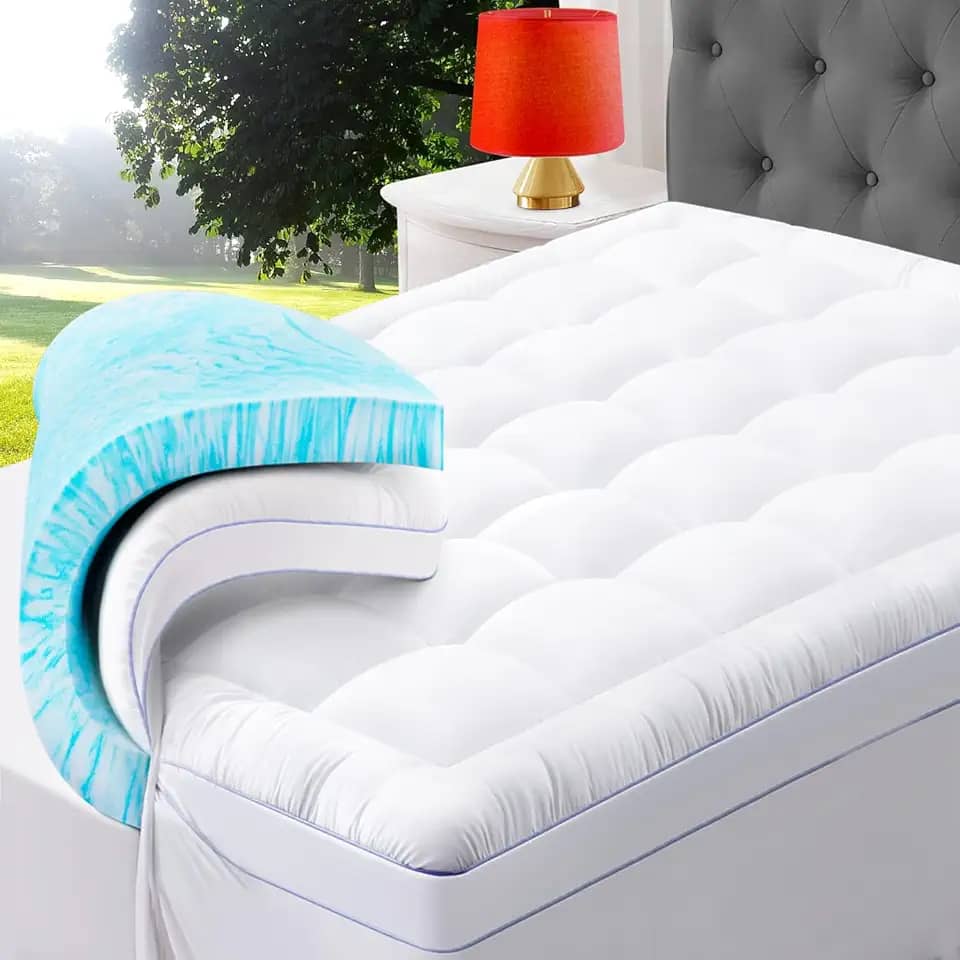 ABENE Colchão de espuma viscoelástica de camada dupla de 10 cm, 5 cm, espuma viscoelástica de gel refrescante, mais 5 cm de penas, almofada alternativa para colchão com bolso de cabeceira, suporte macio para alívio da dor nas costas