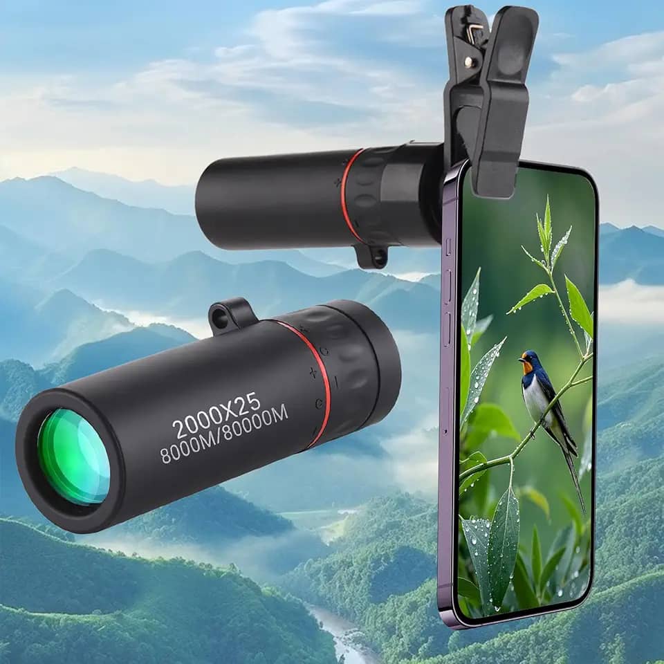 Mini telescópio monocular com suporte de telefone, monóculos HD atualizados 30 x 25 para adultos de alta potência, para observar estrelas, caça, preto
