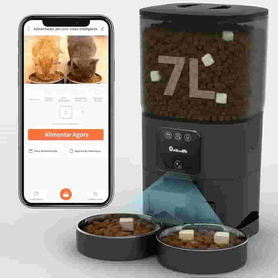 Automatico Pet Alimentador para Gatos com Caes - 7L Comedouro Automático para 2 Cat - Camera 1080p com Inteligente Programavel APP Automatic Feeder para - Smart Racao Dispenser de Gato com Cães