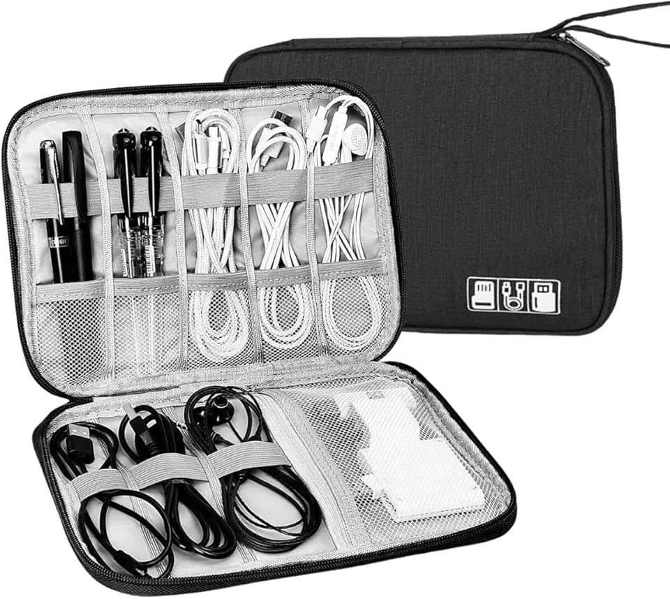 Bolsa Organizadora Portátil para Cabos e Acessórios Eletrônicos, Estojo Multifuncional de Viagem Loja Estliny (Preto)