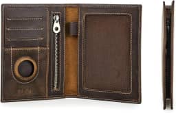 Porta-Passaportes de Couro Legítimo com Bloqueio RFID, Suporte para Airtag, Carteira de Viagem com 3 Porta-Cartões, Bolso para Moedas, Slots para Recibos e Suporte para Caneta-Luxo