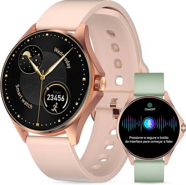 Smartwatch Feminino Relógio Inteligente com IA Chatgpt, 1.32’’ AMOLED,iOS Android, IP68 Água, Frequência Cardíaca, Monitor de Sono, 100 Esportes, 2 Pulseiras