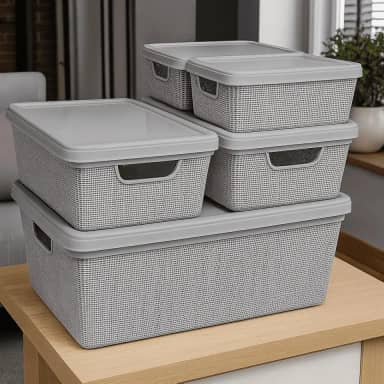 Caixa Organizadora com Tampa Kit 5 Peças Cesto Grande em Plástico 1,8 L 5 L 15 L - Rv-Ecommerce (Cinza)