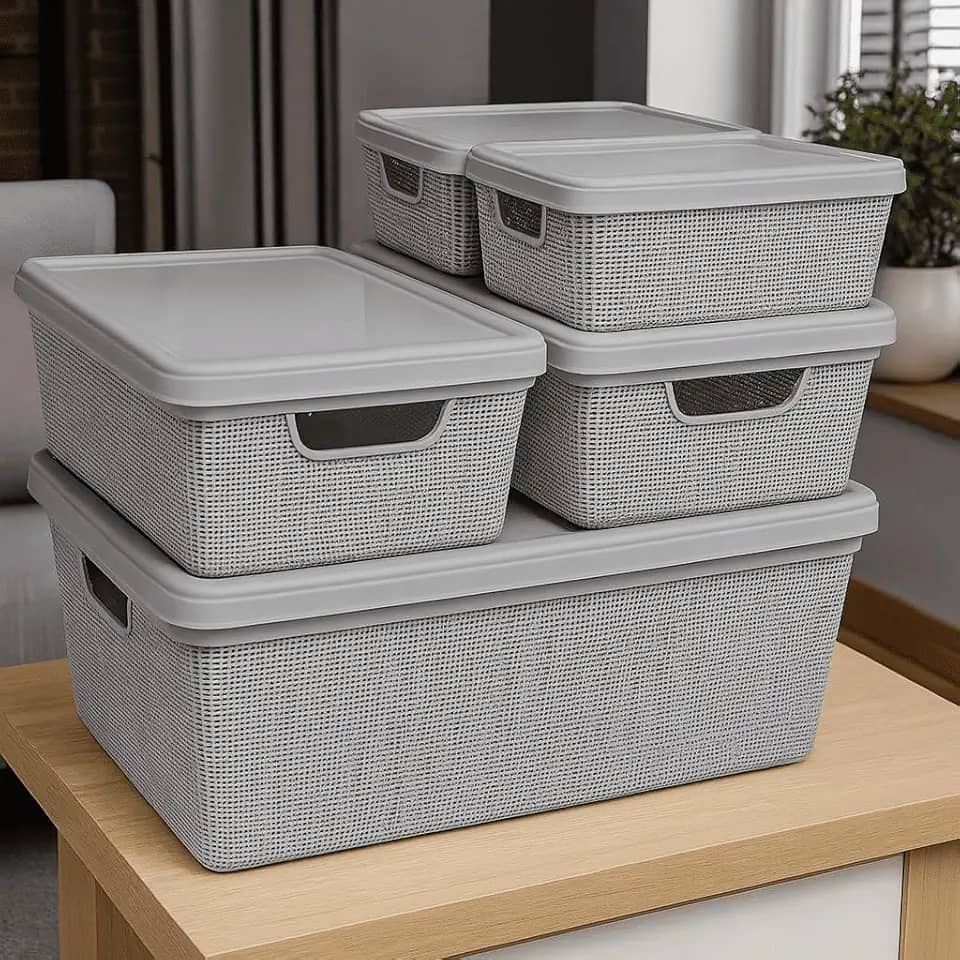 Caixa Organizadora com Tampa Kit 5 Peças Cesto Grande em Plástico 1,8 L 5 L 15 L - Rv-Ecommerce (Cinza)