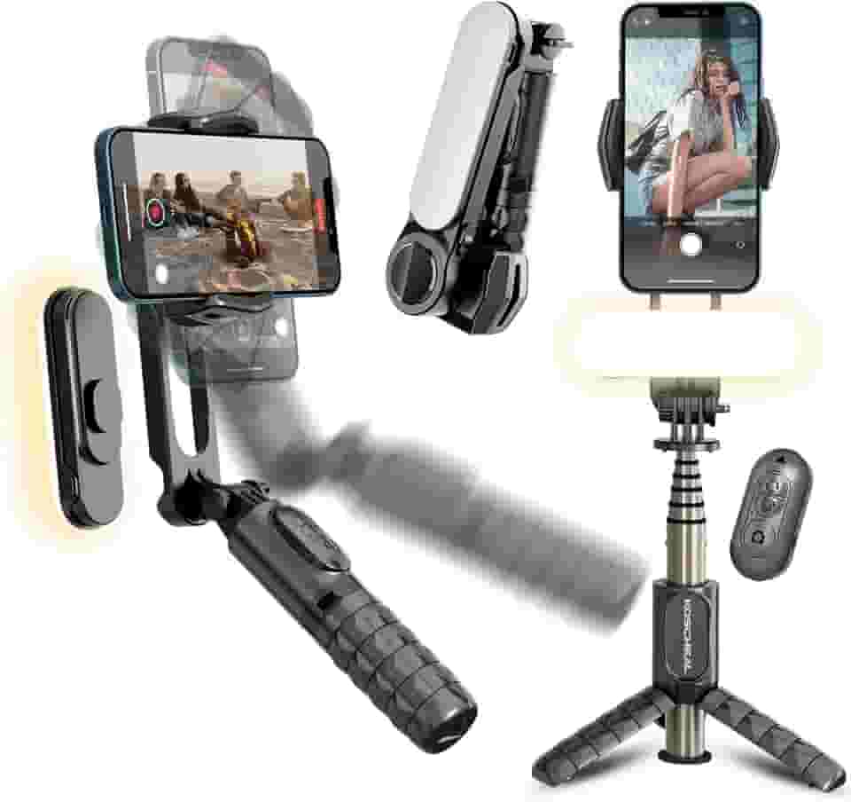 KOSCHEAL Estabilizador Celular- Gimbal para Celular de 1 Eixo com Luz de Preenchimento, Rotação 360° com Controle Remoto Sem Fio para Android e iPhone, Perfeito para Vlogs, YouTube e TikTok