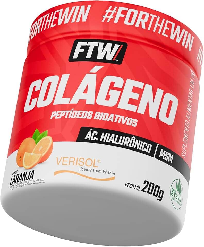 FTW Colágeno Hidrolisado Verisol em Pó 200g, Suplemento com Ácido Hialurônico, MSM, Zinco, Selênio e Cromo – Saúde da Pele, Cabelos e Unhas, Adoçado com Stevia, Sem Glúten (Sabor Laranja)