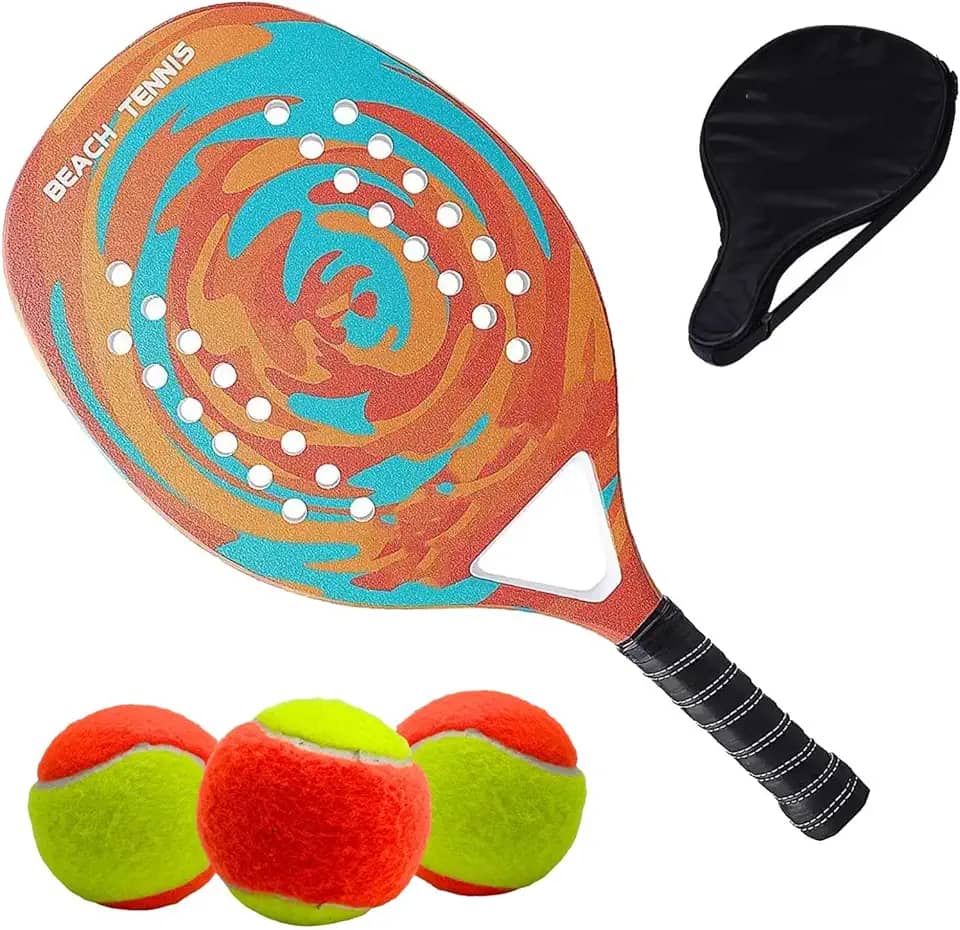Kit Raquete Para Beach Tennis Profissional em Fibra Carbono Com Capa Protetora e 3 Bolinhas de Beach Tennis Para Iniciantes e Profissionais