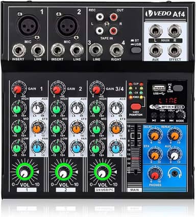 AF4 Mixer Profissional 4 Canais com Bluetooth, Phantom Power 48V e Entradas XLR/TRS - USB Type-C, Controle de EQ 3 Bandas e Saída AUX para DJ, Home Studio e Transmissões Ao Vivo