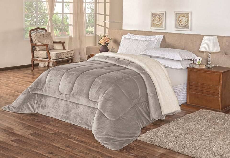 Coberdrom Sherpa Edredom Dupla Face Cobertor Manta Felpuda Liso Cama Casal Queen Cinza