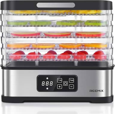 Máquina desidratadora de alimentos, desidratadores compactos Reemix para alimentos e carne secadora, frutas, legumes, secador elétrico desidratado com controle de temperatura, 5 bandejas livres de BPA