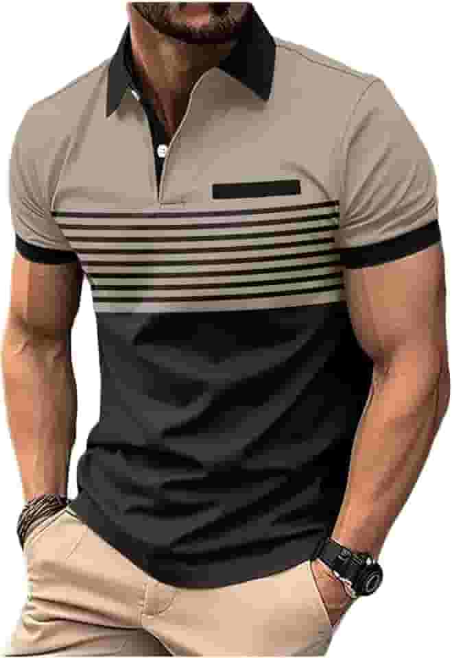 Camisa polo masculina com zíper e manga curta listrada