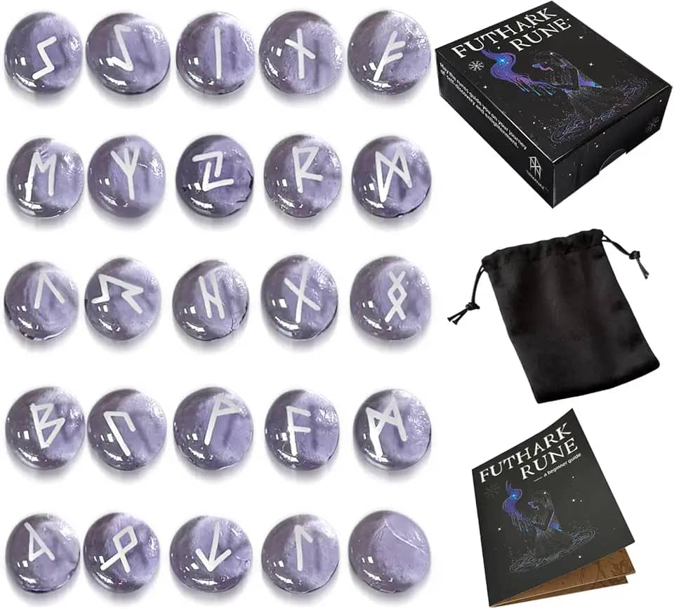 Tirmanaz Conjunto de runas, conjunto de 25 peças de pedras rúnicas roxas com livro guia, bolsa de veludo, runas viking para iniciantes, ritual/pagão/meditação/adivinhação/bruxaria