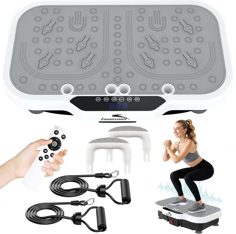 Máquina de exercício com placa vibratória, 8000 vibrações/min plataforma de fitness ajustável, capacidade de 180 kg, plataforma extra grande para treino de corpo inteiro com Bluetooth para