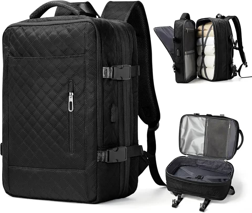 Mochila de viagem grande unissex, aprovada como bagagem de mão para avião, tamanho de item pessoal, mochila de trabalho e viagem com compartimento para sapatos, preta