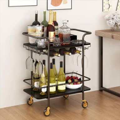 Carrinho de Bar com 2 Níveis, Rack de Vinho e Suporte para Copos, Ideal para Cozinha, Sala de Jantar e Festas,icolor Preto