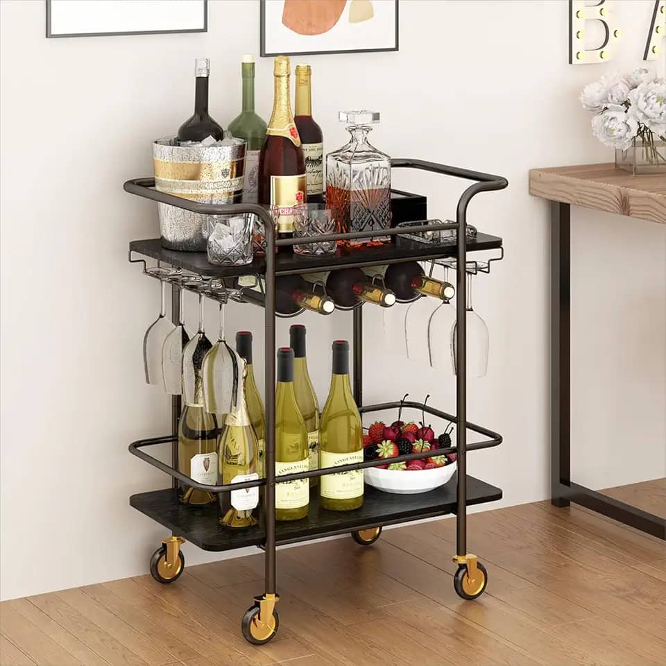 Carrinho de Bar com 2 Níveis, Rack de Vinho e Suporte para Copos, Ideal para Cozinha, Sala de Jantar e Festas,icolor Preto