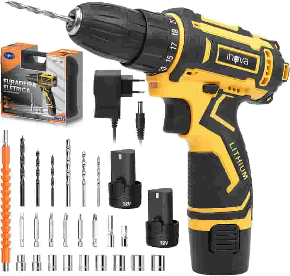 Furadeiras Elétricas Sem Fio, Parafusadeira e Furadeira 12V com 2 Baterias, Mandril sem Chave com 24 Acessórios, 25+1 Posições, Durável e Versátil para Profissionais