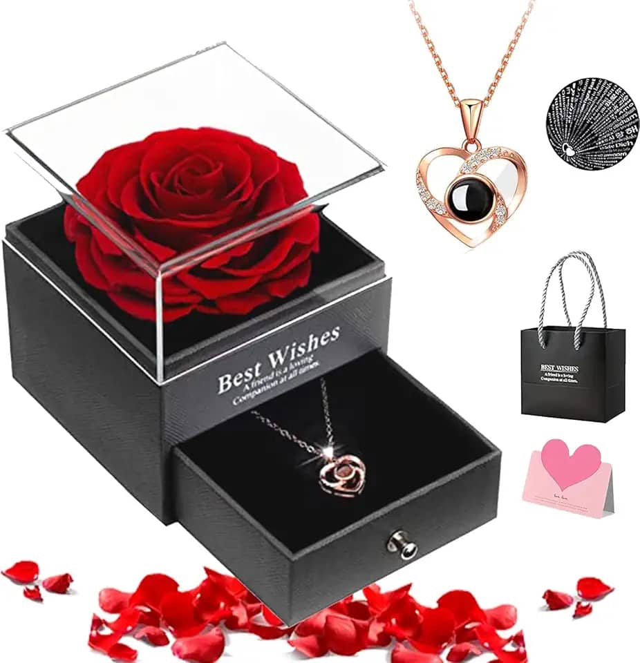Conjunto de Colar e Rosa Eterna, com “Eu Te Amo” em 100 Idiomas, Presente Flor Eterna para Dia Das Mães, Dia Dos Namorados, Kit Presente Feminino Criativo para Mãe, Esposa, Namorada, Noiva, Amiga
