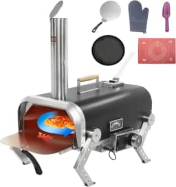 SKYCORPS Forno de pizza ao ar livre de aço inoxidável, fogão a lenha com pedra de pizza rotativa automática de 30 cm, churrasqueira portátil para festas de quintal, acampamento e piqueniques (preto)