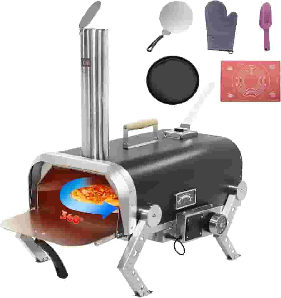 SKYCORPS Forno de pizza ao ar livre de aço inoxidável, fogão a lenha com pedra de pizza rotativa automática de 30 cm, churrasqueira portátil para festas de quintal, acampamento e piqueniques (preto)