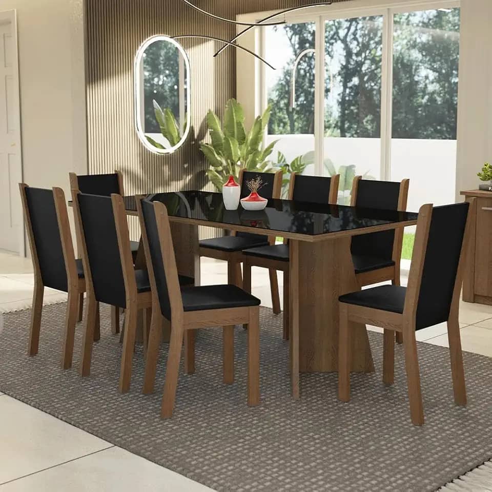 Conjunto Sala de Jantar Mesa Tampo de Vidro 8 Cadeiras Rustic/preto Justine Madesa