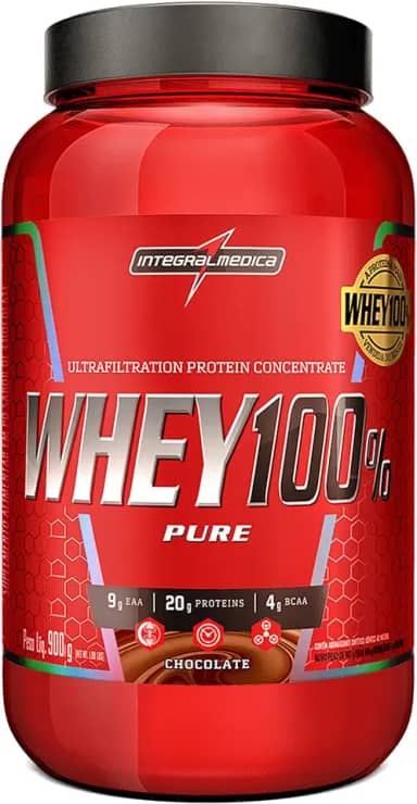 Integralmédica - Whey Protein Concentrado Chocolate 100% Pure - 21g de Proteína por Scoop, Suplementação Alimentar Pós-Treino, Fórmula Enriquecida com BCAAs - Pote 900g
