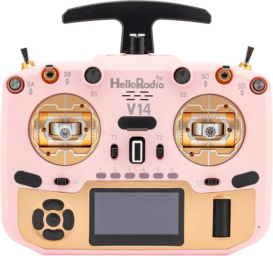 HelloRadio Transmissor de rádio V14MAX ELRS FPV – Controle remoto ELRS OpenTX/EdgeTX de 2,4 GHz com gimbals Hall CNC, assistente de voz AI, compartimento de módulo externo, antena T dobrável e tela