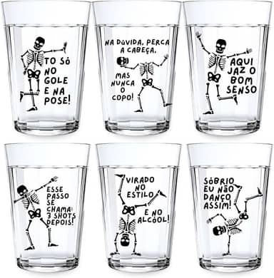 Kit 6 Copos Americano 190ml Estampado Decorado C/Frases Esqueleto Meme Chopp Cerveja Ideia Presente