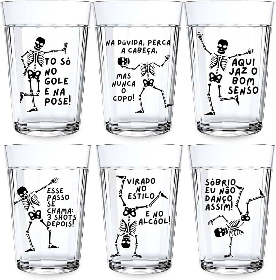Kit 6 Copos Americano 190ml Estampado Decorado C/Frases Esqueleto Meme Chopp Cerveja Ideia Presente