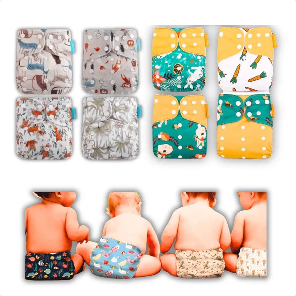 Kit 8 Fraldas Ecológicas De Pano Premium + 12 Absorventes 6 camadas Reutilizáveis (Sem Gênero)