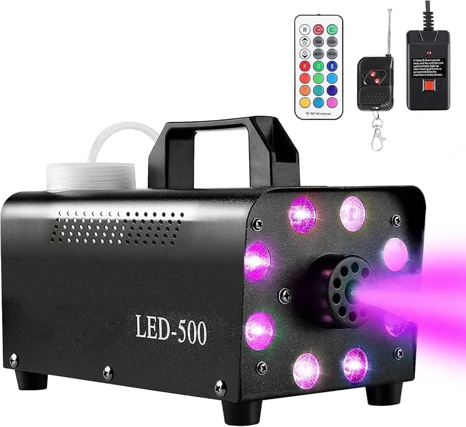 Máquina de neblina com 8 luzes LED, máquina de fumaça com efeito de 13 luzes LED coloridas, neblina de 500 W e 2000 CFM com controle remoto, interior, perfeita para Halloween, festa,