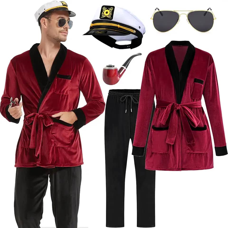 Fantasias de Halloween para casais 2024, jaqueta masculina adulta do Capitão Hugh HEFNER Coelhinho Robe Pimp Outfit
