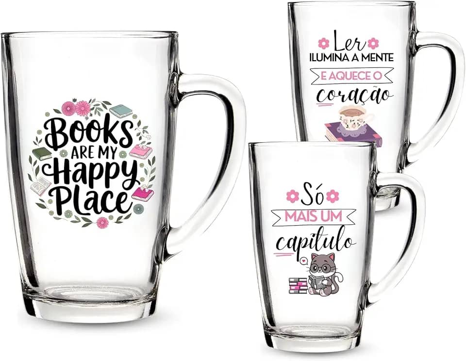 1 Caneca Estampa Literária 300ml Vidro Temática Só Mais Um Capitulo Para Presente Quem Ama Ler Books (BOOKS)