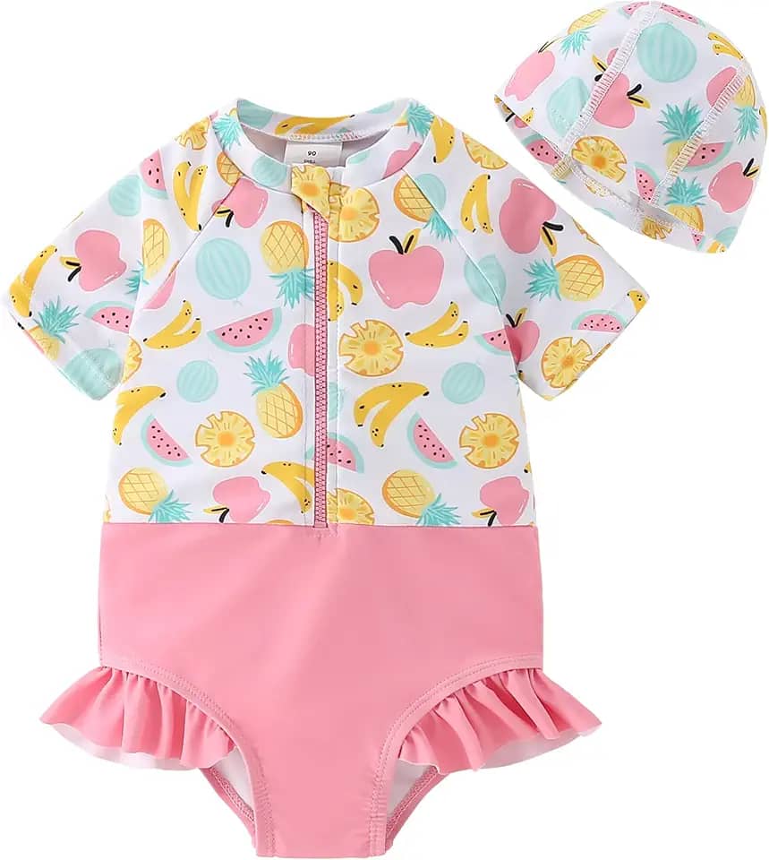 Maiô infantil para meninas com babado Rash Guard com zíper, manga curta, com chapéu, FPS 50+ 1-5T