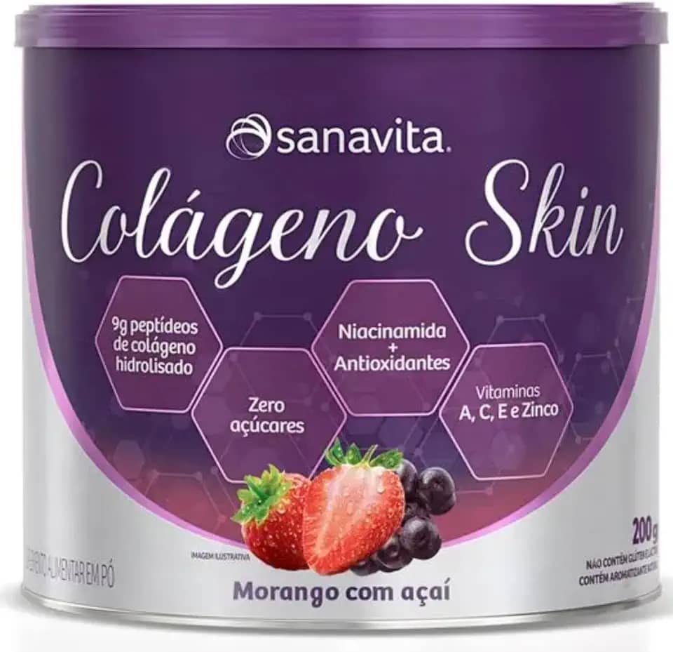 Colágeno Skin Para Pele Cabelos e Unhas - Colágeno Em Pó Hidrolisado Skin 200g - Sanavita (Morango com Açaí)