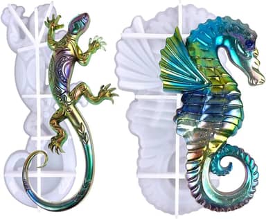 2 moldes de resina de cavalo marinho de lagartixa de silicone, moldes realistas para decoração de hipocampo de lagarto, molde de epóxi de silicone animal grande 3D para artesanato em resina