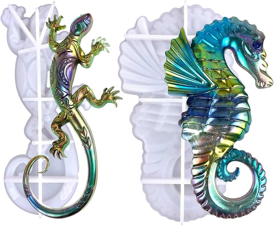 2 moldes de resina de cavalo marinho de lagartixa de silicone, moldes realistas para decoração de hipocampo de lagarto, molde de epóxi de silicone animal grande 3D para artesanato em resina