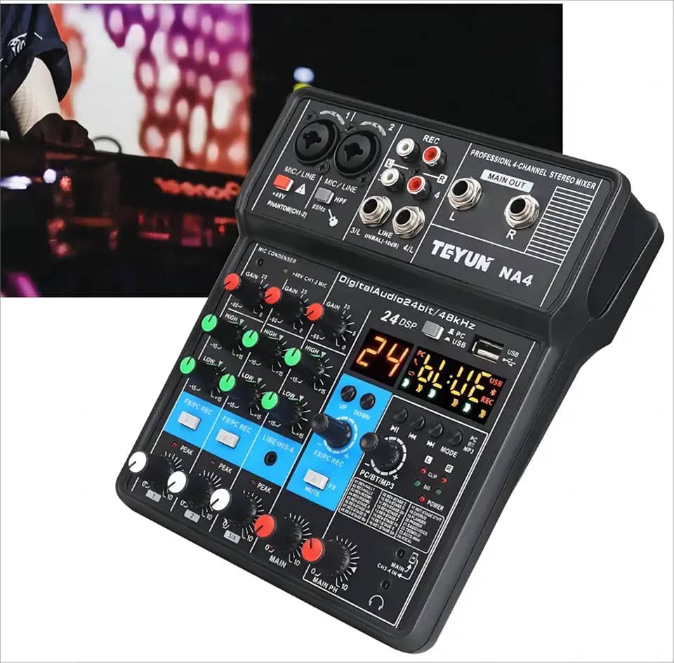 Mixer de áudio profissional,4/3/2 canais Mixer de placa de som com Bluetooth, entrada USB para PC Fonte de alimentação fantasma de 48V para música, Podcast, Mixers para DJ e VJ (4 canais)