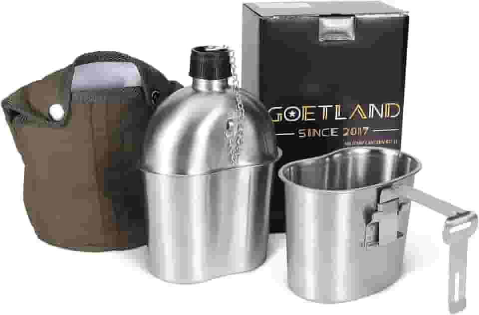 Goetland Kit de cantina militar dos EUA da Segunda Guerra Mundial de aço inoxidável 1 litro com copo de 0,5 litro de cobertura de nylon G.I.