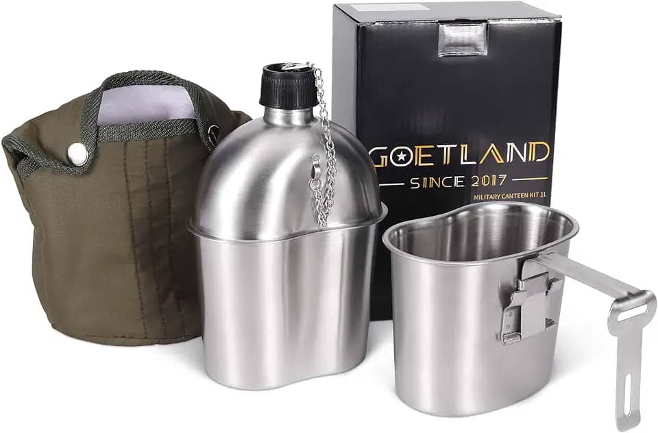 Goetland Kit de cantina militar dos EUA da Segunda Guerra Mundial de aço inoxidável 1 litro com copo de 0,5 litro de cobertura de nylon G.I.