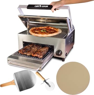 CAPT'N COOK Forno de pizza a gás portátil OvenPlus – Design duplo para cozinhar crostas crocantes e coberturas bem cozidas, não é necessário girar, assar e grelhar ao ar livre, cozinhar com facilidade, com cortador de pizza e descascar