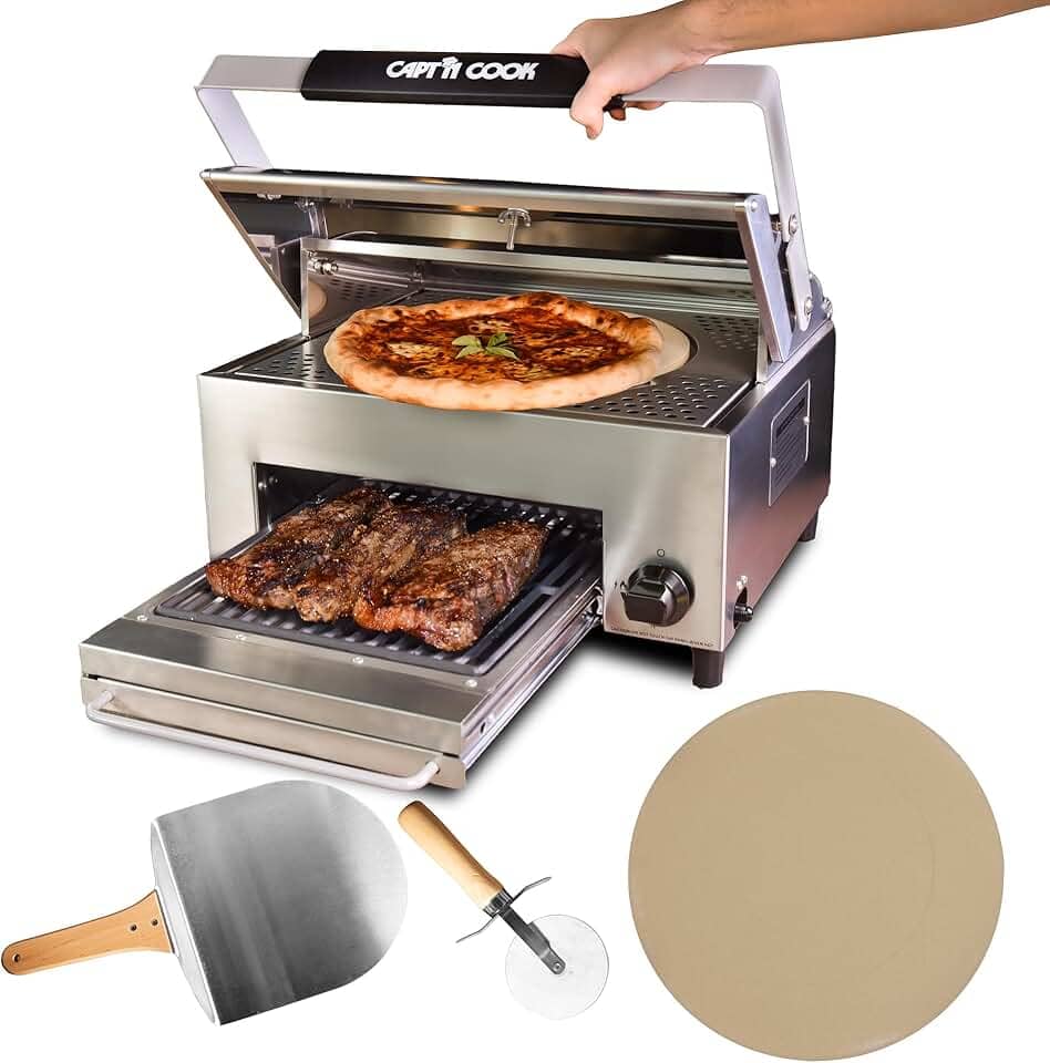 CAPT'N COOK Forno de pizza a gás portátil OvenPlus – Design duplo para cozinhar crostas crocantes e coberturas bem cozidas, não é necessário girar, assar e grelhar ao ar livre, cozinhar com facilidade, com cortador de pizza e descascar