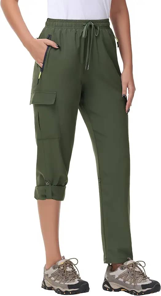 Calça cargo feminina de caminhada de secagem rápida, leve, resistente à água, FPS 50, com bolsos com zíper